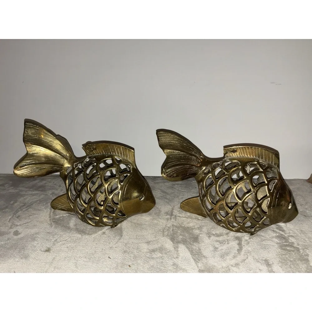 Vintage Rosenthal-Netter Brass Open Scale Hanging Koi Fish‎ Lantern Set (2)